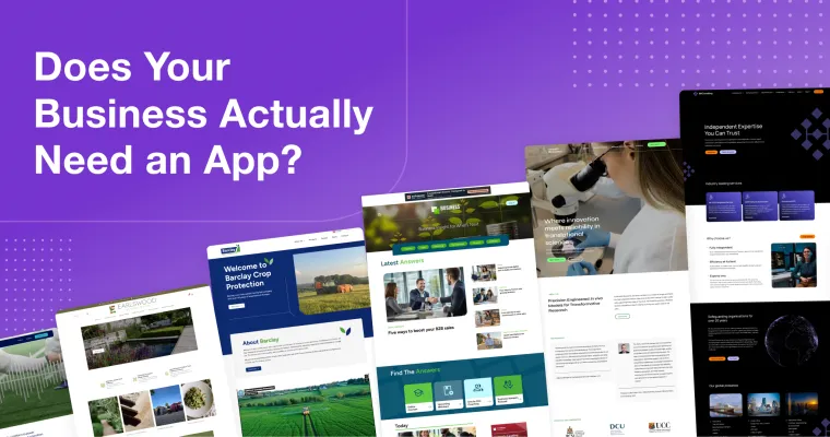 2Cubed_Blog_Does Your Business Actually Need an App_ Purple background graphic with the headline “Does Your Business Actually Need an App?” featuring website project homepage designs.