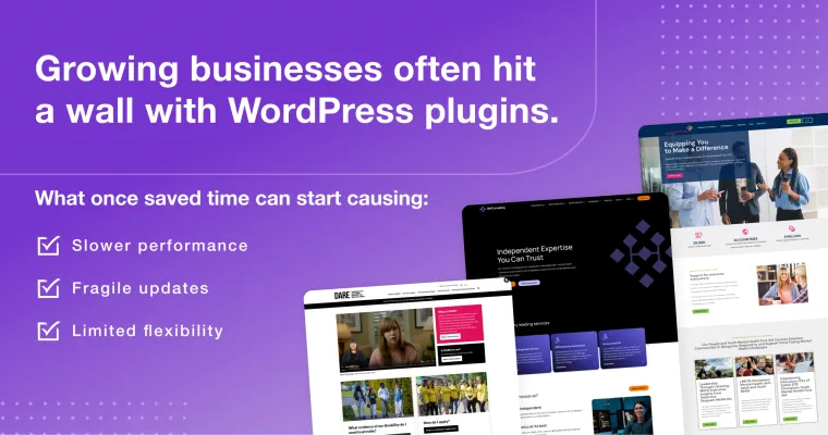 2Cubed_Blog_Growing businesses often hit a wall with WordPress plugins Purple background graphic showing a collage of completed website portfolio projects with the text “Growing businesses often hit a wall with WordPress plugins.”