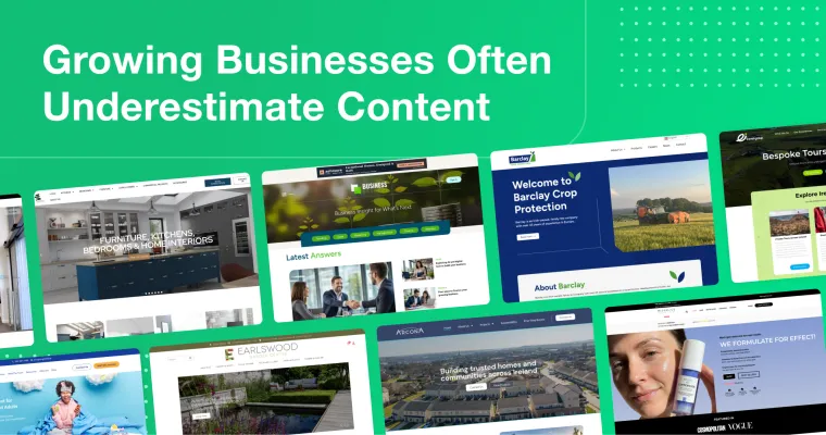 2Cubed_Blog_Growing businesses often underestimate content Green background graphic with the headline “Growing Businesses Often Underestimate Content,” featuring website project homepage designs.