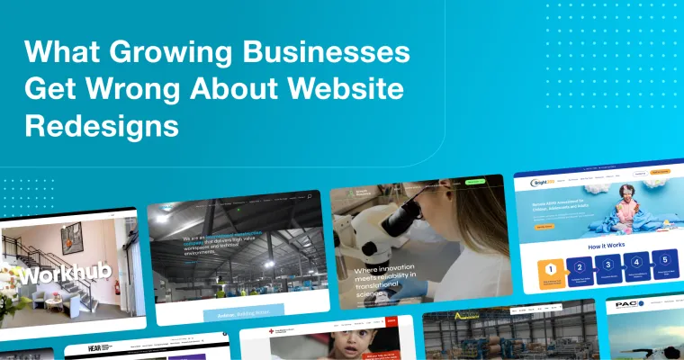 2Cubed_Blog_What Growing Businesses Get Wrong About Website Redesigns Blue background graphic displaying the headline “What Growing Businesses Get Wrong About Website Redesigns” with multiple website project homepage designs.