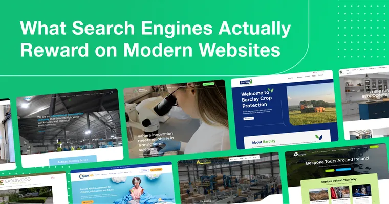 2Cubed_Blog_What Search Engines Actually Reward on Modern Websites Green background graphic with the headline “What Search Engines Actually Reward on Modern Websites,” featuring multiple website project homepage images.